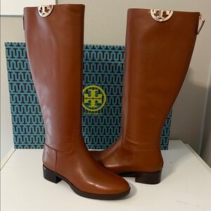 Tory Burch Women's Sidney Riding Boots in penny brown leather